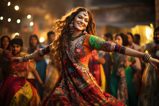 Young indian woman perform traditional garba dance in navratri festival