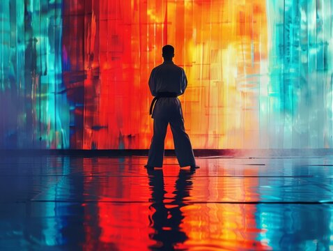 Silhouette of a karate fighter facing a colorful abstract background.