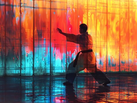 Silhouette of a martial artist in a white gi, practicing against a vibrant colorful background.