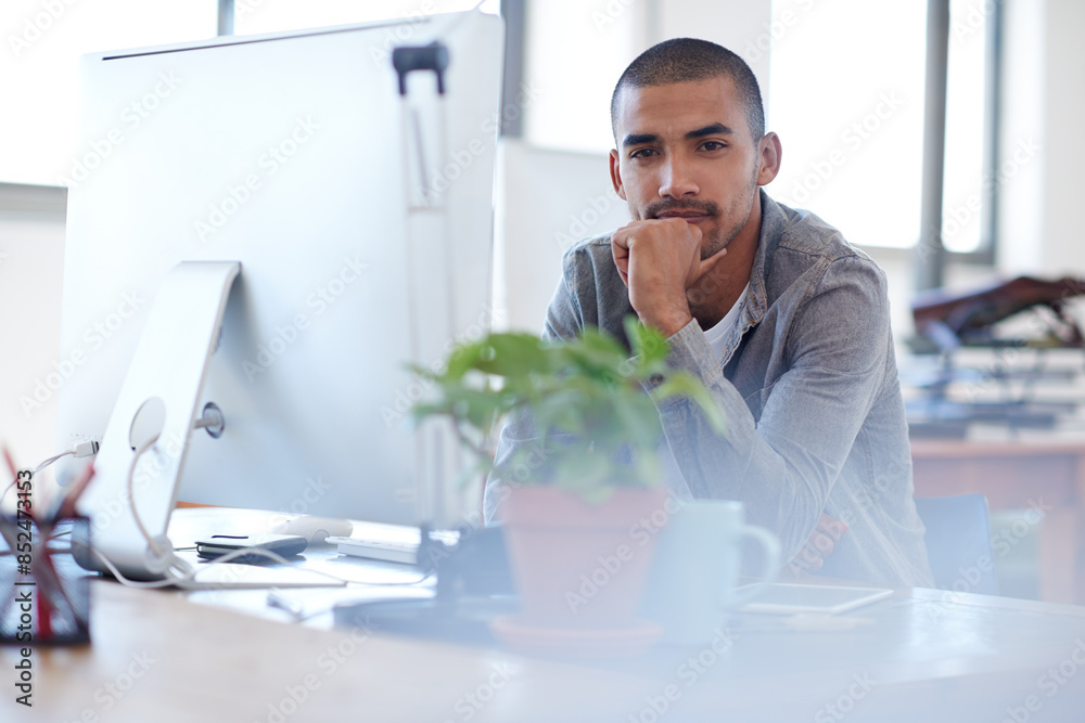 Poster Thinking, portrait or man on computer for solution, problem solving or online firewall troubleshooting. Startup, cybersecurity upgrade or web developer typing for information technology or pc system