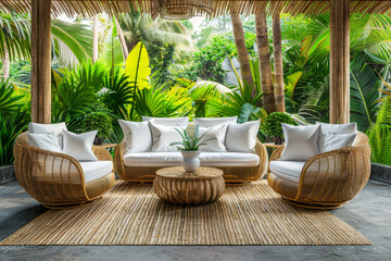 modern patio with rattan furniture on wooden floor