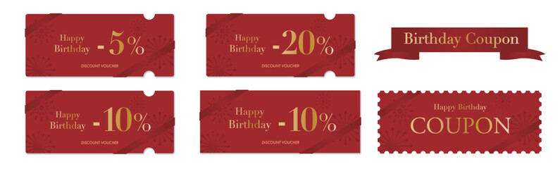 誕生日セールに使える赤い高級感のあるクーポンベクターアイコンセット2