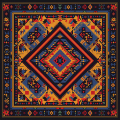 print design in the style of ethnic carpet patterns, Aztec art and African textile designs. Red blue yellow orange