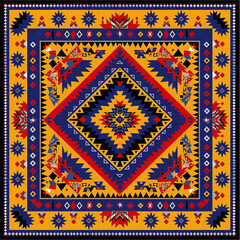 print design in the style of ethnic carpet patterns, Aztec art and African textile designs. Red blue yellow orange