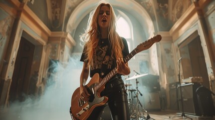 Portrait of a rock girl playing Bass Guitar: A dynamic shot of a female in grunge rock attire, playing an electric bass guitar, with a fierce expression and intense energy.