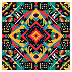 A vibrant, colorful tribal pattern with geometric shapes and intricate patterns in the style of African art. The design includes bold colors like reds, blues, yellows and greens