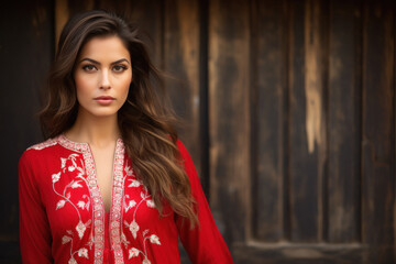 Fototapeta premium Female model posing outdoors wearing Red Indian Asian traditional salwar kameez designs with white embroidery