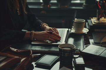 A woman is working on her laptop at desk, illuminated by soft lighting. She wearing black blazer and jewelry. A cup of coffee on desk next to laptop, and other office supplies are scattered around