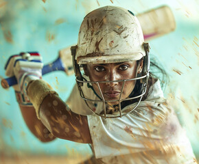 Dynamic Action Shot of a Woman Cricket Player in Full Gear Executing a Powerful Swing. Generative AI Image.	