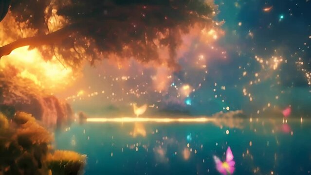 A magical sparkling imaginary world with shiny wood, plants and a lake