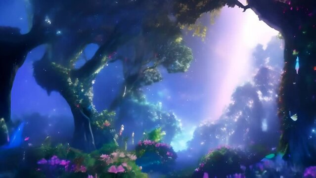 A magical sparkling imaginary world with shiny wood, plants and flowers