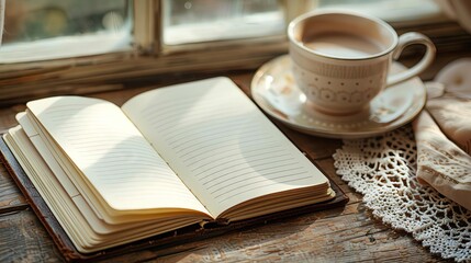 A high-resolution photo of an open blank diary with a cup of coffee and a delicate lace doily, providing a cozy feel with ample copy space