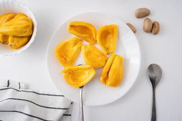 Jackfruit in a plate on a white backdrop