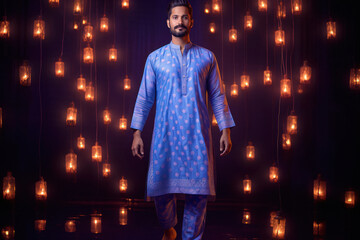 Fototapeta premium young indian man in traditional wear on lighting background