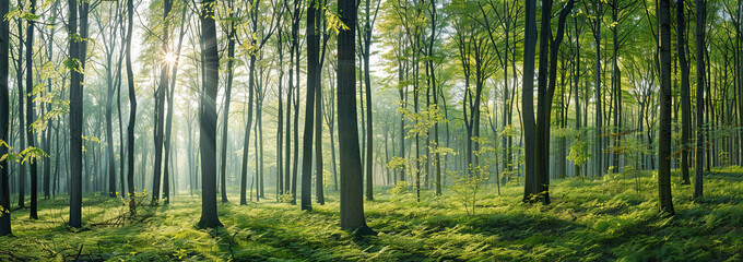 Fototapeta premium Enchanting Green Forest Panorama with Sunlight Through Trees