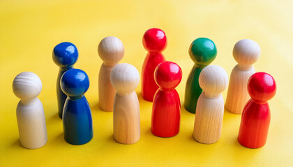 A unity and community concept illustrated by multiple wooden figures in a bright setting, symbolizing teamwork