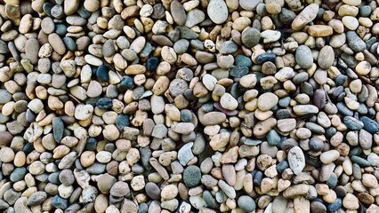 Dry aquarium sand texture background, Small fine pea gravel grains, Small sea stones