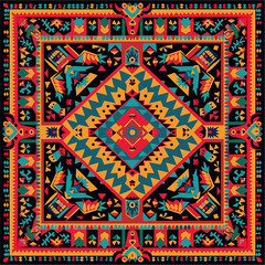 Doodle geometric shapes with bold lines and colors for cultural background decoration. Vibrant ethnic motifs in square frame on white backdrop