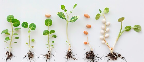 Sprouted sprouts of various plants with roots on a white background. A study guide.