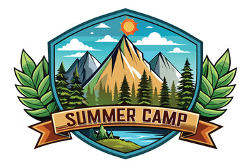 summer camp symbol. mountains and hills badge vector, mountaineering sticker emblem