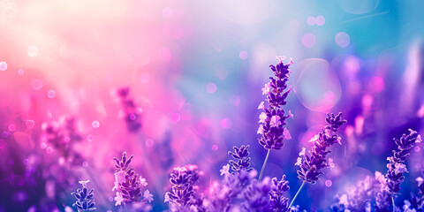 Purple Lavender flowers in a meadow, with their purple hues and calming presence, offer a vibrant background. Ideal for wellness designs, spa promotions, and nature themes. Text space