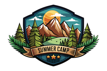 Obraz premium summer camp symbol. mountains and hills badge vector, mountaineering sticker emblem