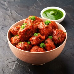 Indian street food dry manchurian served with chutney and sauce 