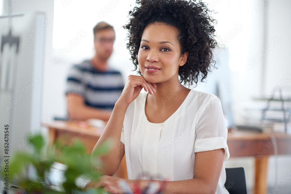 Canvas Prints Confidence, web design or portrait of African woman on computer for digital project development or career. Smile, designer and female person with pride on technology in creative startup or business