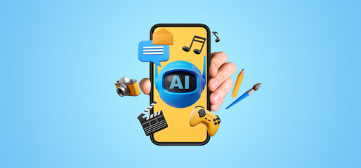 Man hand with phone, AI bot with creative services icons