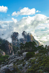 Hiking in Corsica mountains, beautiful clouds, sky and landscape