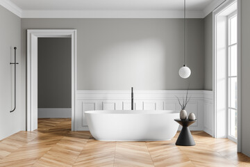 Minimalist bathroom interior with white bathtub, wooden floor, light grey wall background, modern decor. 3D Rendering