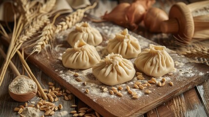 Georgian khinkali dumplings prepared with basic baking essentials and wheat ears displayed creatively for customization