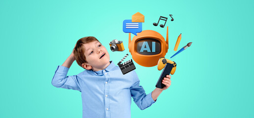 Child with smartphone looking up AI bot with creative services icons