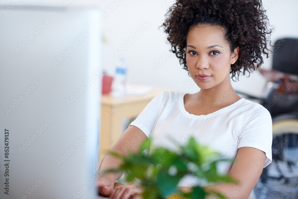 Poster portrait, startup or african woman on computer for digital project development or problem solving. w