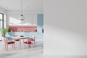 Modern kitchen interior with pink and blue accents, minimalist style, light background. Stylish and contemporary design.  3D Rendering