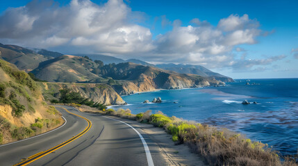 Fototapeta premium Stunning Coastal Road Winding Through Hills and Ocean Landscape - Photo