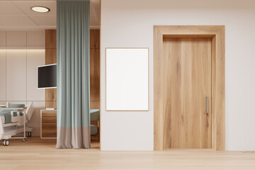 Modern hospital room interior with bed and monitor, door and mockup frame