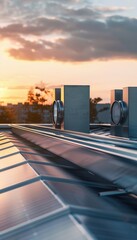 Naklejka premium Modern Solar Powered Water Heating System on Residential Roof at Sunset - Eco-Friendly Energy Solution
