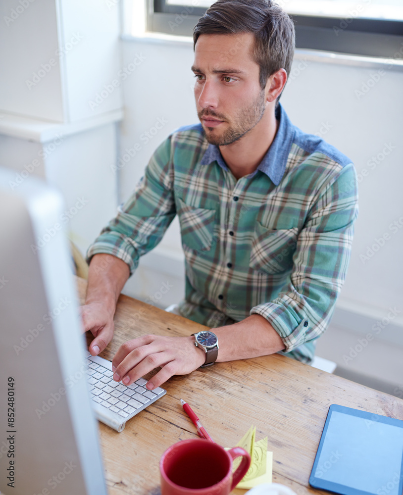 Poster Startup, engineering or man on computer for information technology, problem solving and online firewall. Technician, cybersecurity update and web developer typing for troubleshooting and pc solution