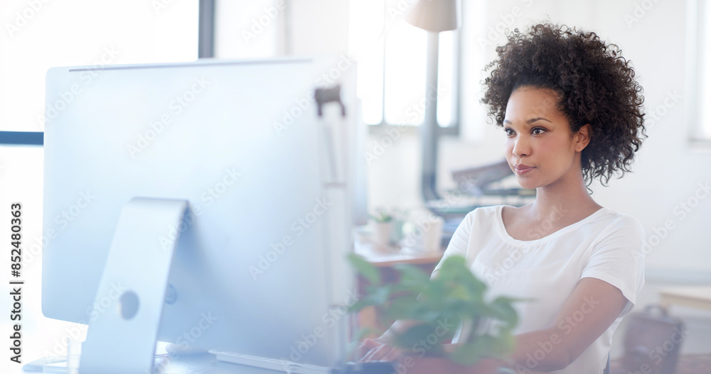 Poster black woman, typing and reading with computer at office desk for administration or data capturing. y