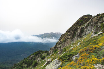 Hiking in Corsica mountains, beautiful clouds, sky and landscape