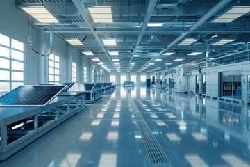 Fototapeta premium Modern Solar Panel Manufacturing Plant Showcasing Advanced Renewable Energy Technology