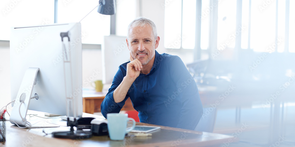 Poster smile, portrait and mature businessman in office with computer working on online project. happy, pri