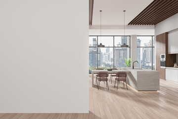 Modern kitchen with island and dining area, light interior, large windows with city view, empty white wall on the side. Concept of interior design.  3D Rendering