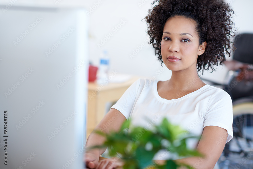 Poster portrait, serious or african woman on computer for digital project development or problem solving. w