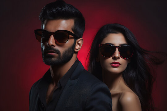 Handsome Man and beautiful woman with black hair attitude in fancy Sunglass