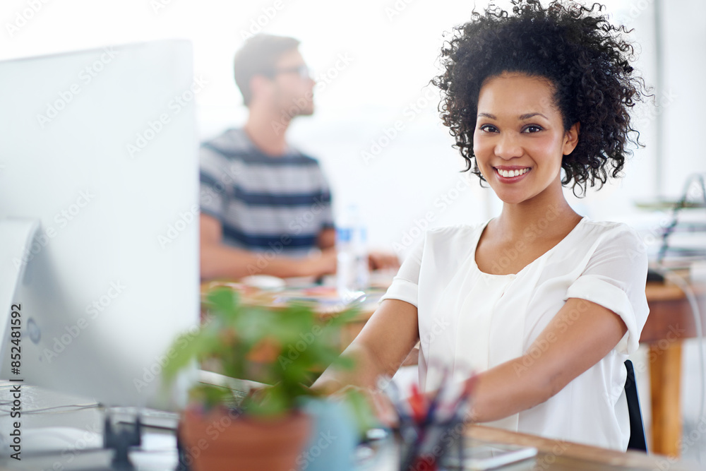 Poster Portrait, web design or happy African woman on computer for digital project development or problem solving. Smile, designer or person reading solution on technology in creative startup or business