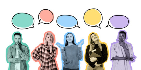 Multinational colorful young people portraits in row, copy space bubbles