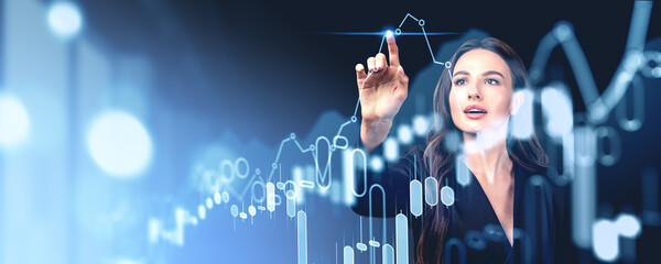 Woman finger touch forex diagrams and stock market candlesticks