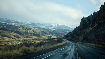 Naklejka premium Snowy Mountain Road with Wet Asphalt Photo